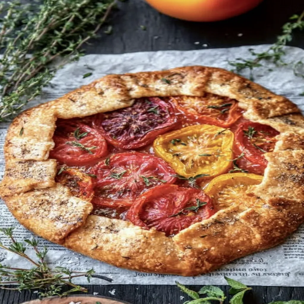 heirloom tomato galette, delicious recipe, flaky crust, vibrant colors, savory herbs