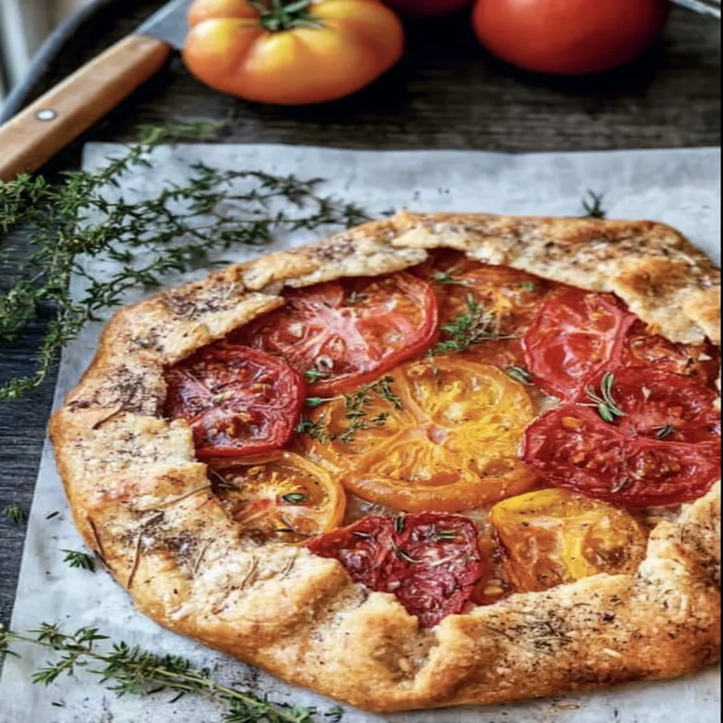 heirloom tomato galette, delicious recipe, flaky crust, vibrant colors, savory herbs