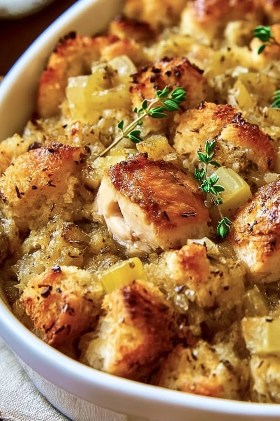 Dolly's Chicken Casserole, savory stuffing, comforting, flavorful, homemade dish