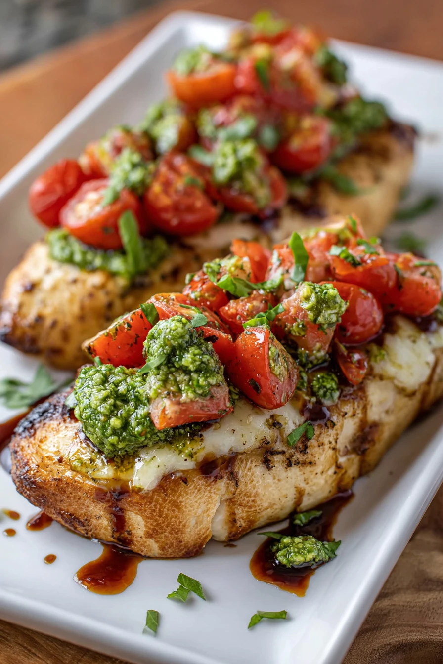 pesto bruschetta chicken, easy recipe, flavorful, savory, delicious, crispy, aromatic herbs