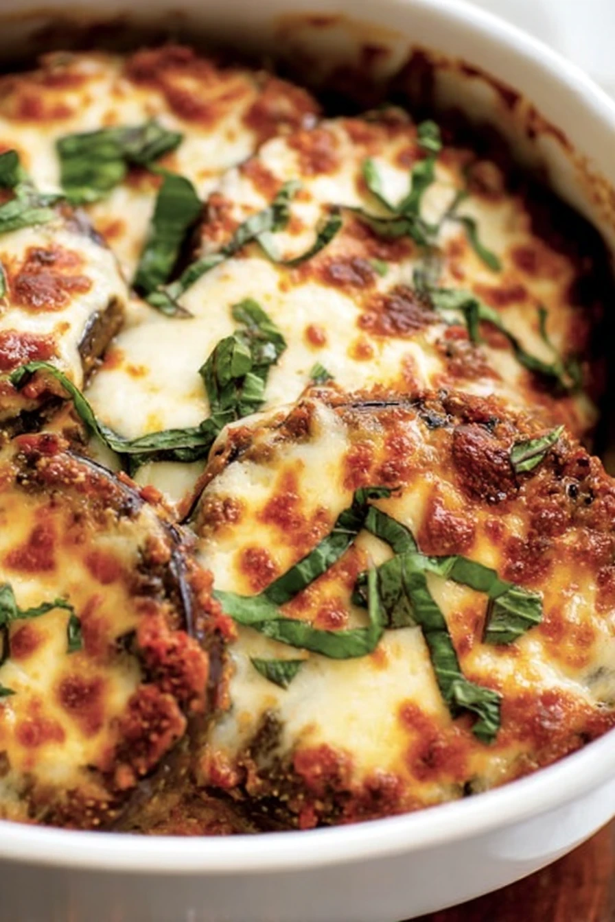 eggplant parmesan, cheese, spinach, savory, cheesy, flavorful, delicious
