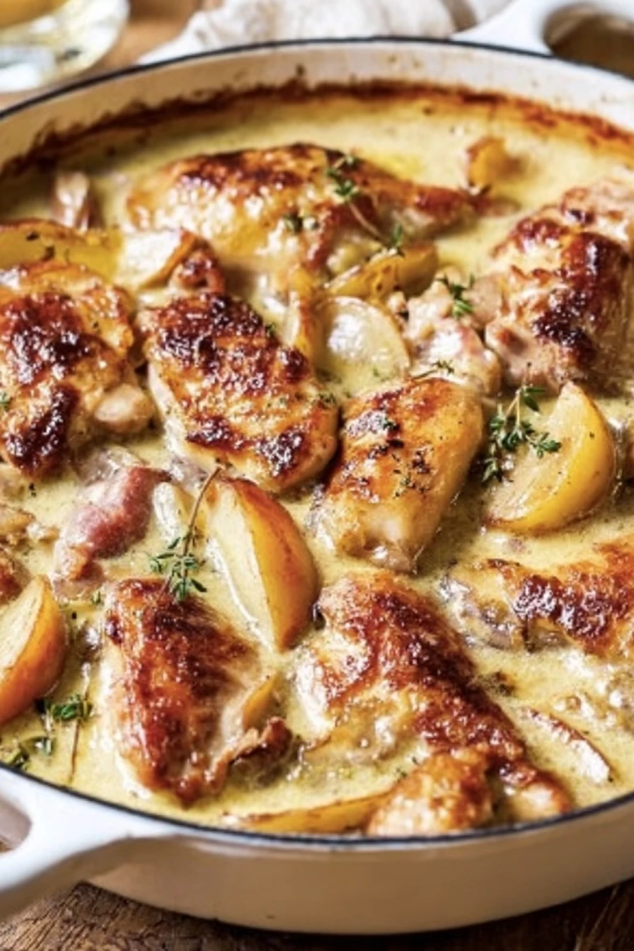 French chicken casserole, Normande, savory, creamy, aromatic, hearty dish