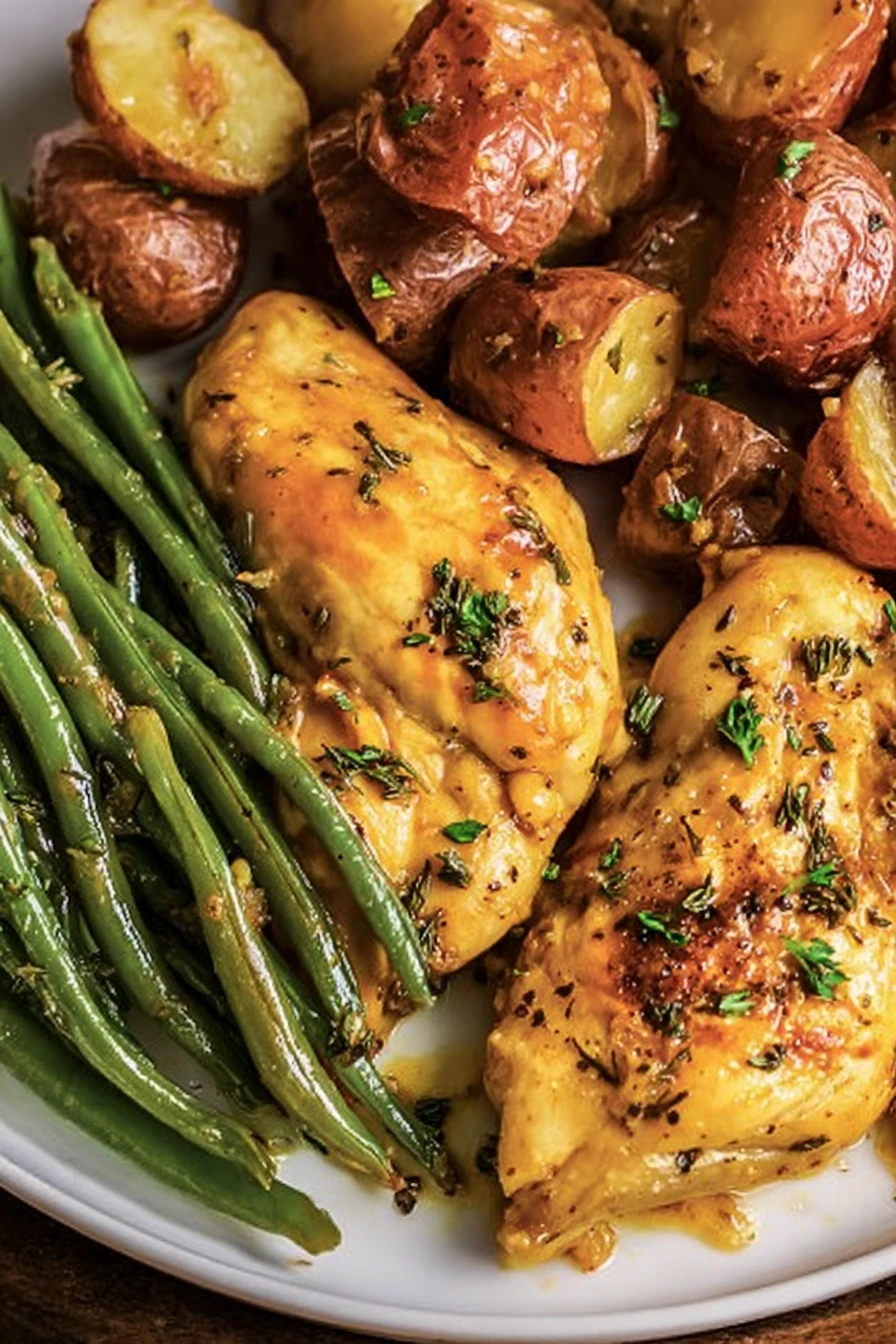 honey mustard chicken, beans, potatoes, savory, flavorful, delicious