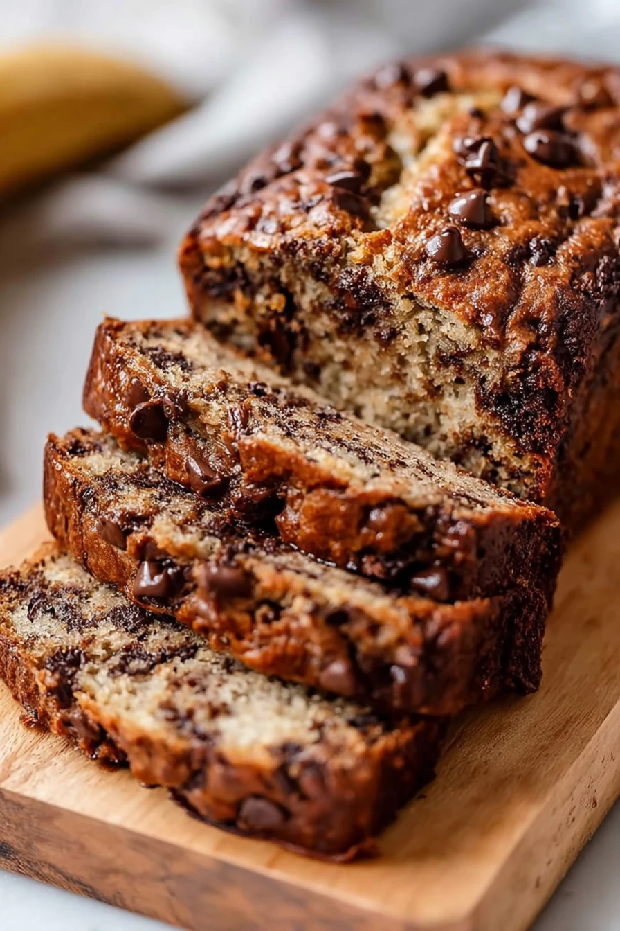 moist, chocolate chip, banana bread, decadent, sweet, delicious, indulgent