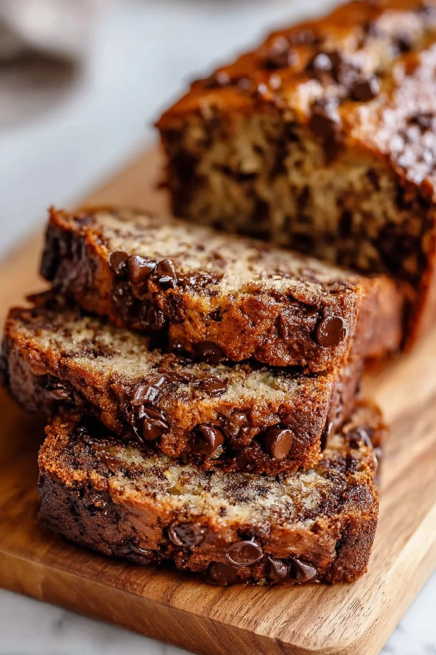 moist, chocolate chip, banana bread, decadent, sweet, delicious, indulgent