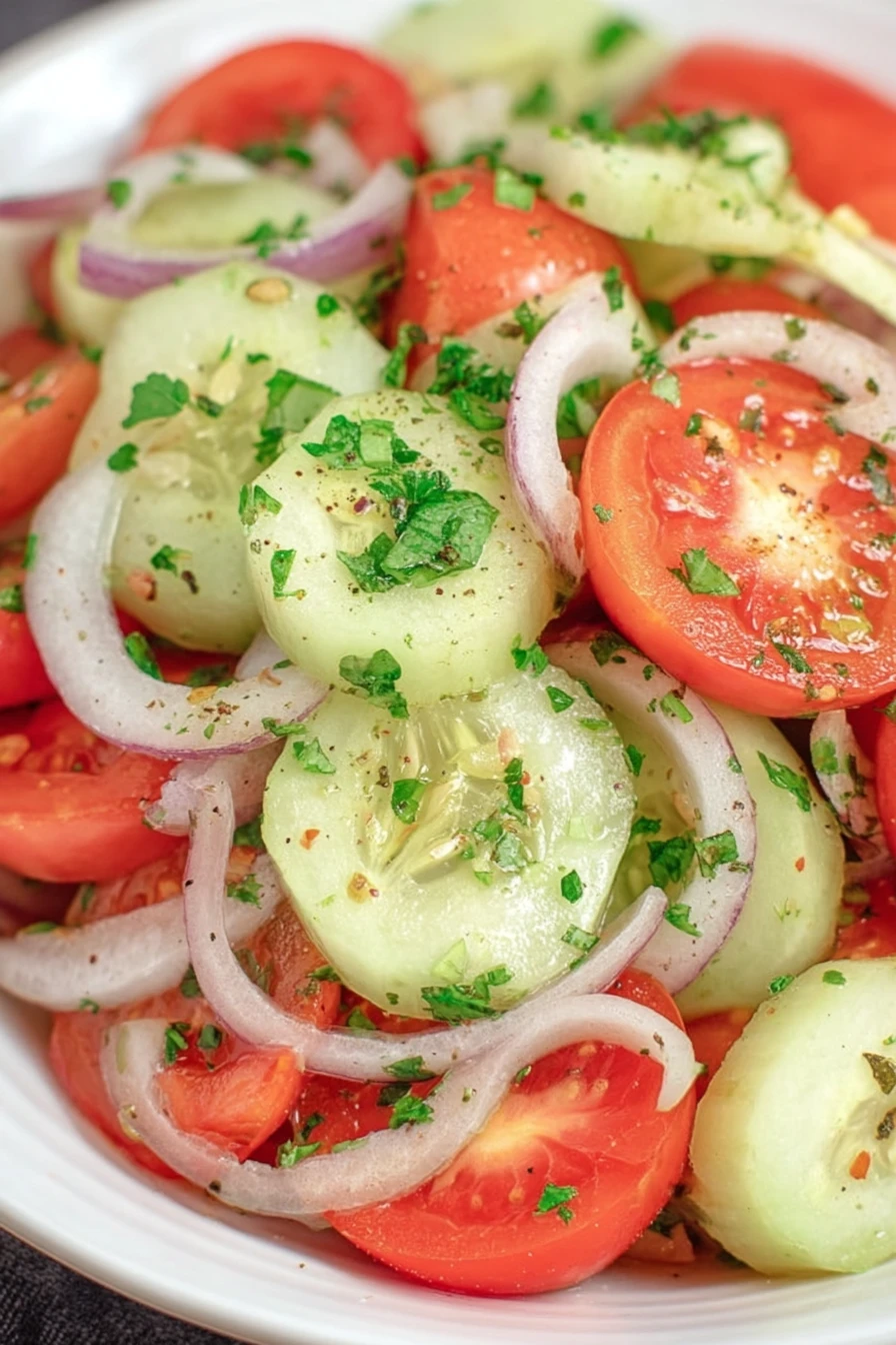 Marinated, cucumber, tomato, onion, refreshing, flavorful, colorful, savory salad