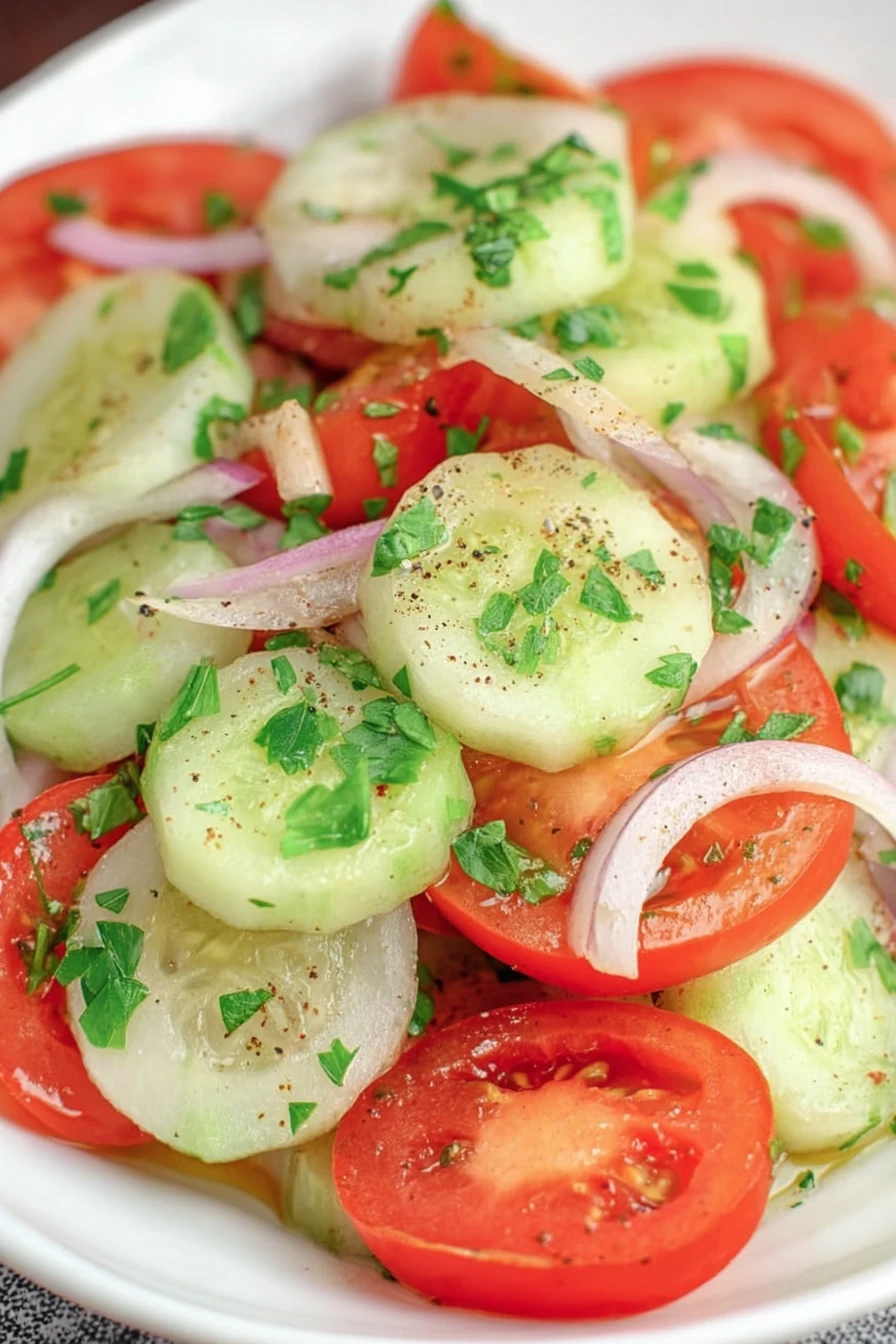 Marinated, cucumber, tomato, onion, refreshing, flavorful, colorful, savory salad