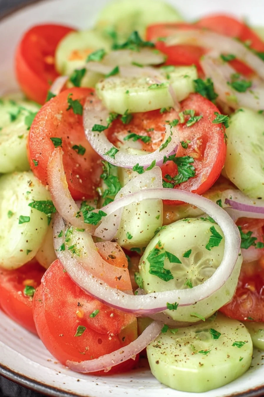 Marinated, cucumber, tomato, onion, refreshing, flavorful, colorful, savory salad