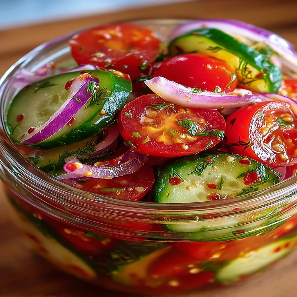 marinated tomatoes, cucumbers, onions, fresh, tangy, vibrant, colorful