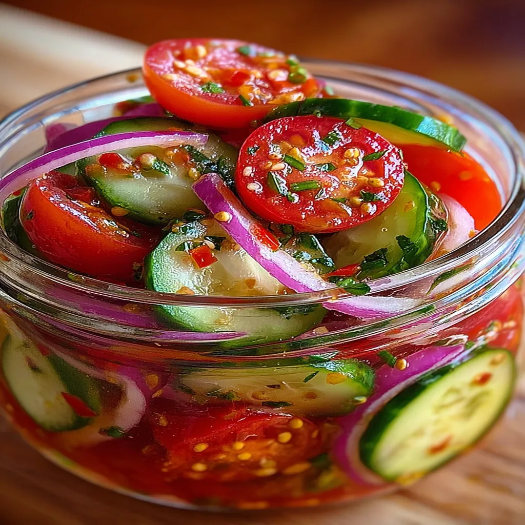 marinated tomatoes, cucumbers, onions, fresh, tangy, vibrant, colorful