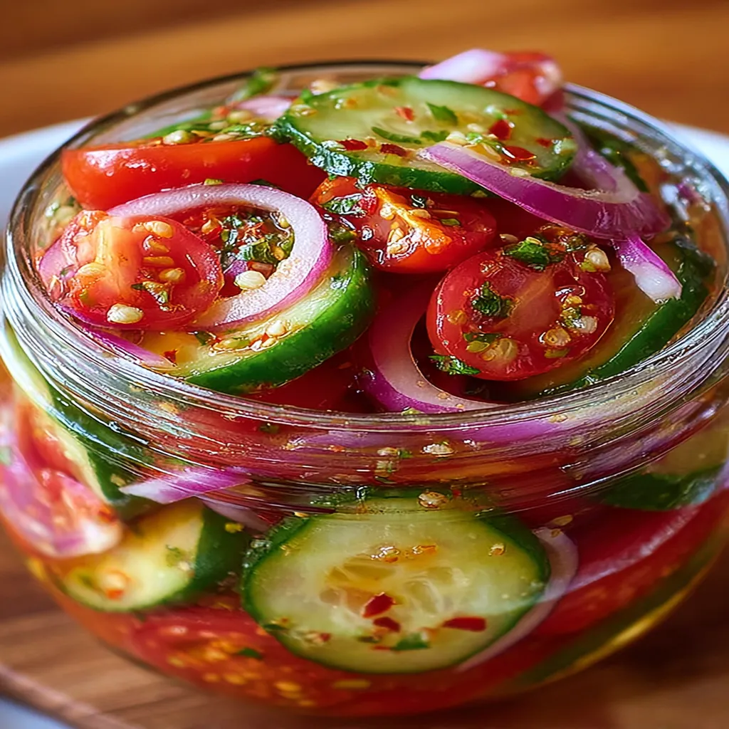 marinated tomatoes, cucumbers, onions, fresh, tangy, vibrant, colorful