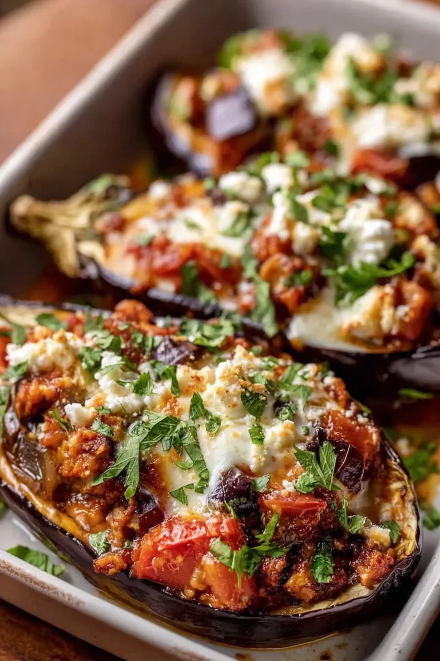 Mediterranean, stuffed eggplant, savory, aromatic, flavorful, vegetarian, recipe