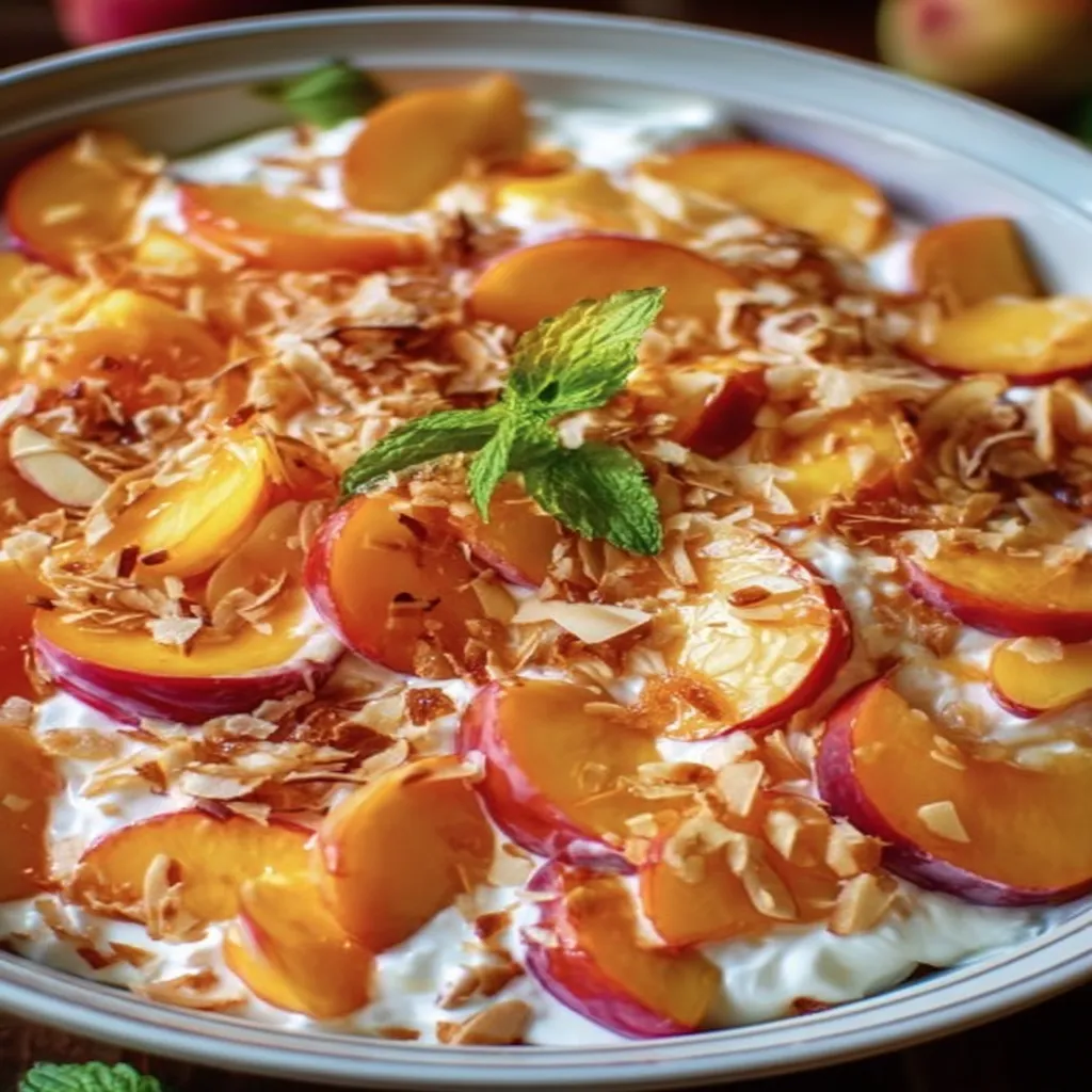 Millionaire Peach Salad Recipe, decadent, juicy peaches, creamy dressing, refreshing, summer, vibrant colors