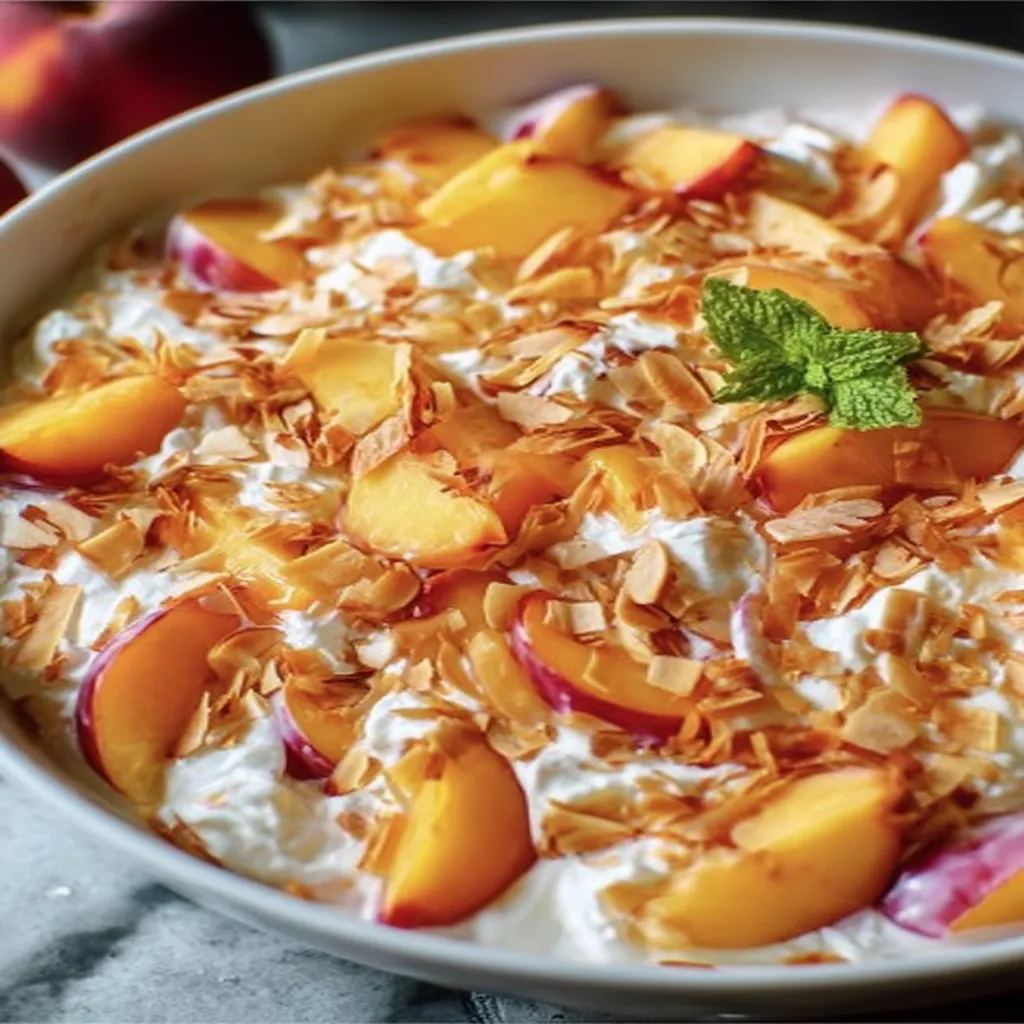Millionaire Peach Salad Recipe, decadent, juicy peaches, creamy dressing, refreshing, summer, vibrant colors