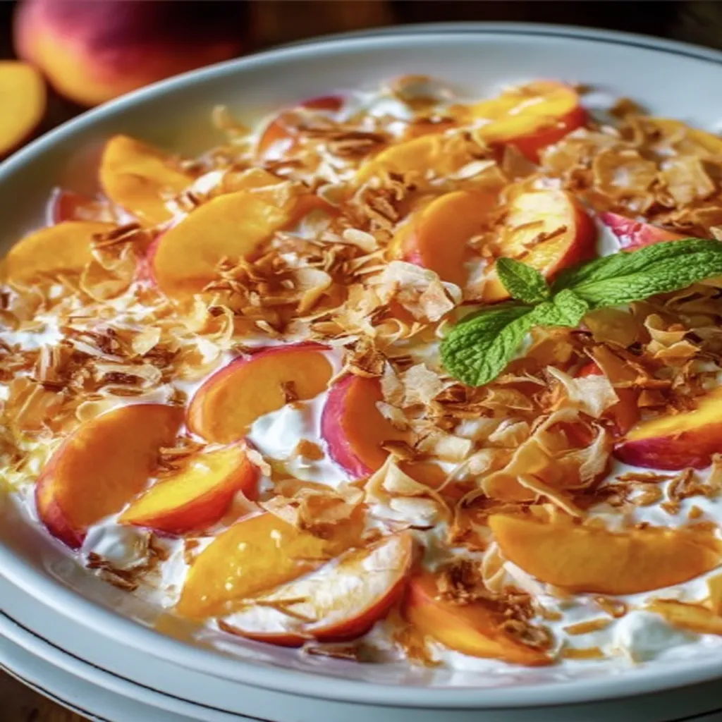Millionaire Peach Salad Recipe, decadent, juicy peaches, creamy dressing, refreshing, summer, vibrant colors