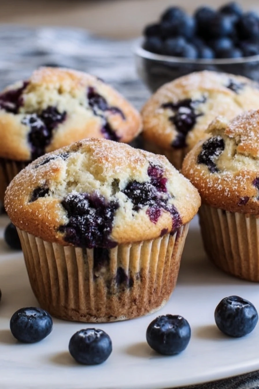 blueberry muffins, moist and fluffy, bursting with blueberries