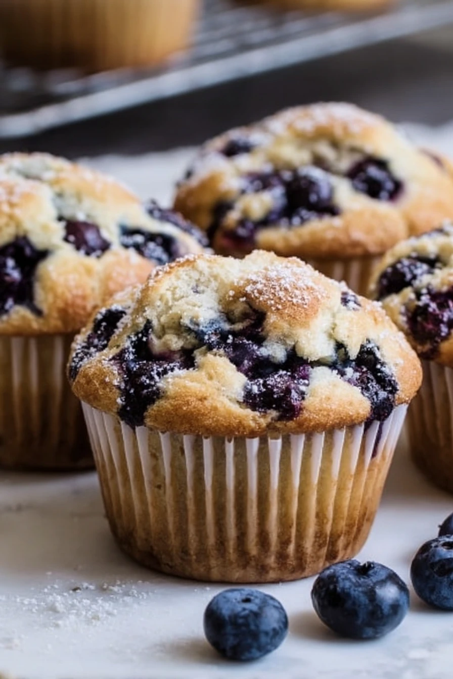 blueberry muffins, moist and fluffy, bursting with blueberries