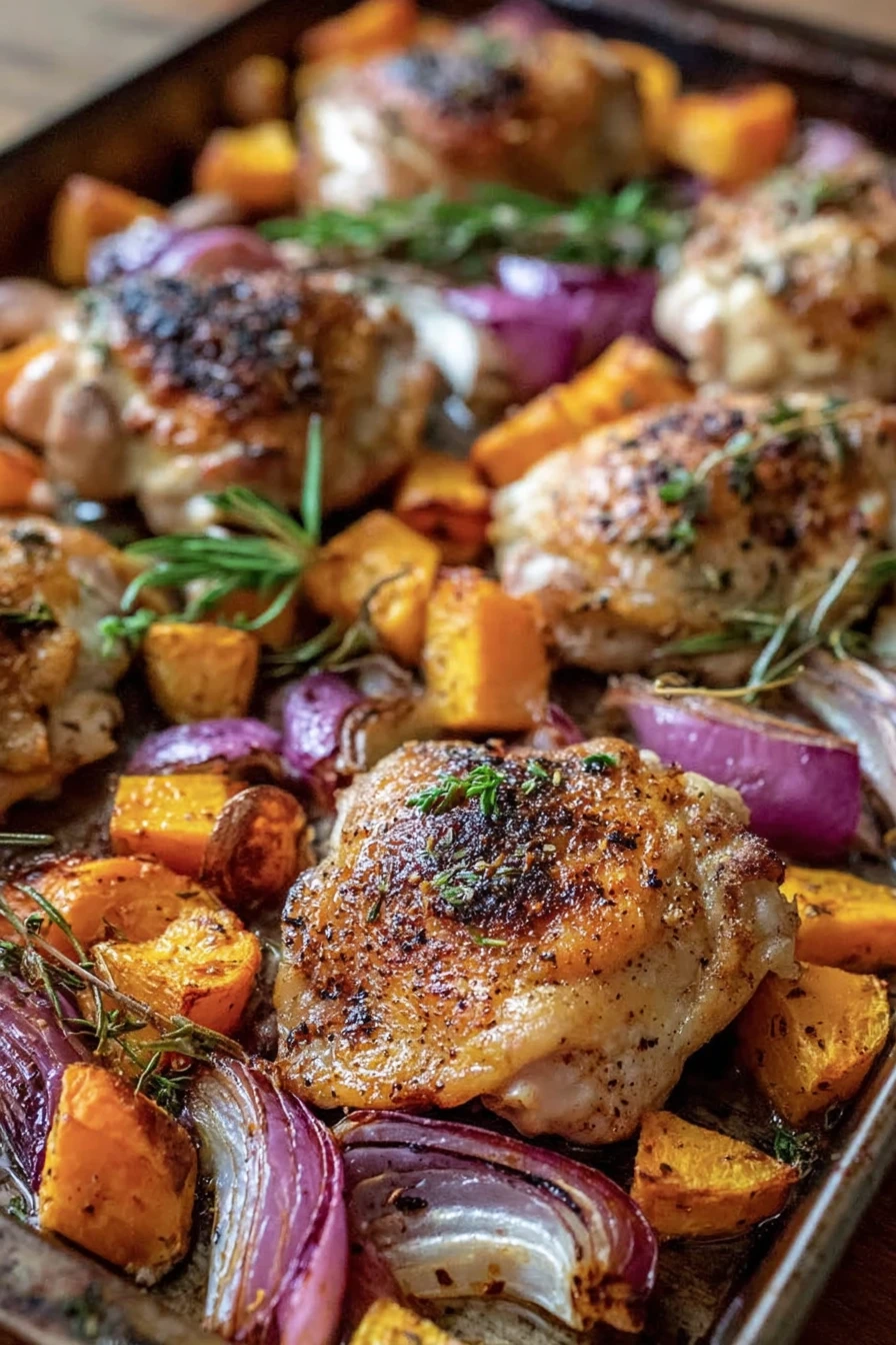 Sheet pan, chicken thighs, roasted vegetables, savory, delicious, one-pan meal