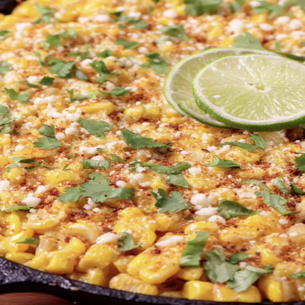 skillet mexican street corn, charred, flavorful, cheesy, spicy, grilled corn, authentic, delicious