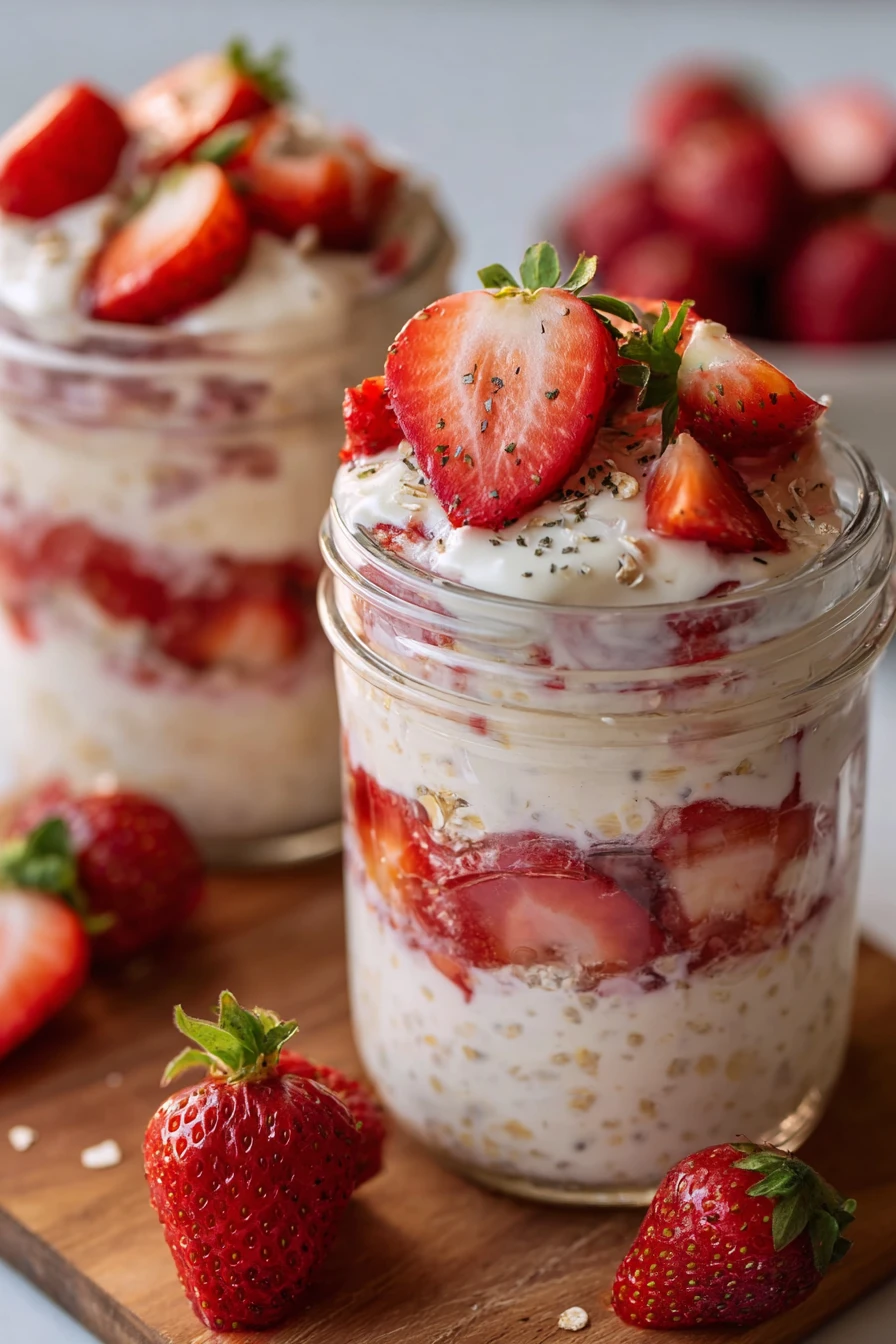 strawberry cheesecake, overnight oats, creamy, indulgent, fruity, delicious