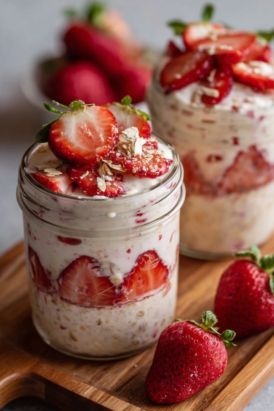 strawberry cheesecake, overnight oats, creamy, indulgent, fruity, delicious