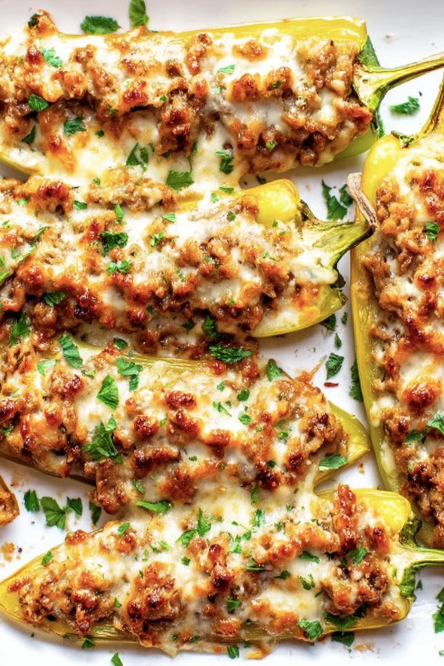 Stuffed banana peppers, spicy, cheesy, savory, appetizing, delicious, flavorful