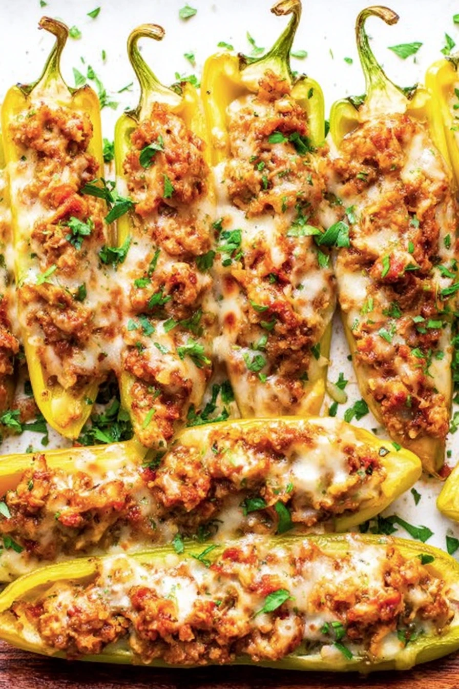Stuffed banana peppers, spicy, cheesy, savory, appetizing, delicious, flavorful