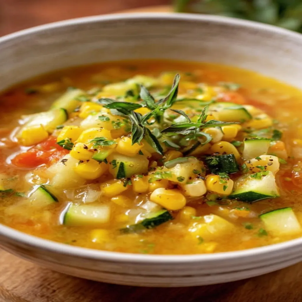 summer soup, corn, zucchini, refreshing, colorful, seasonal, nutritious