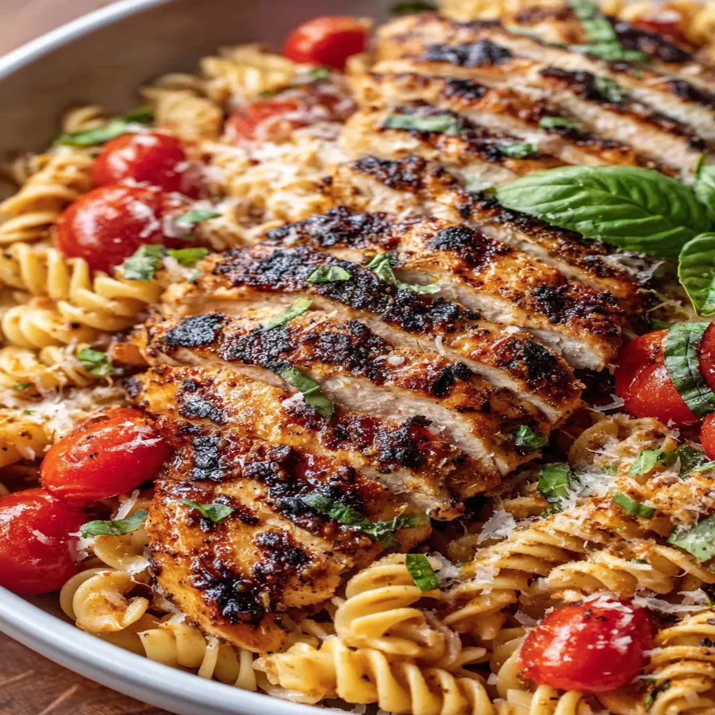 tomato basil pasta, balsamic grilled chicken, savory, flavorful, aromatic herbs