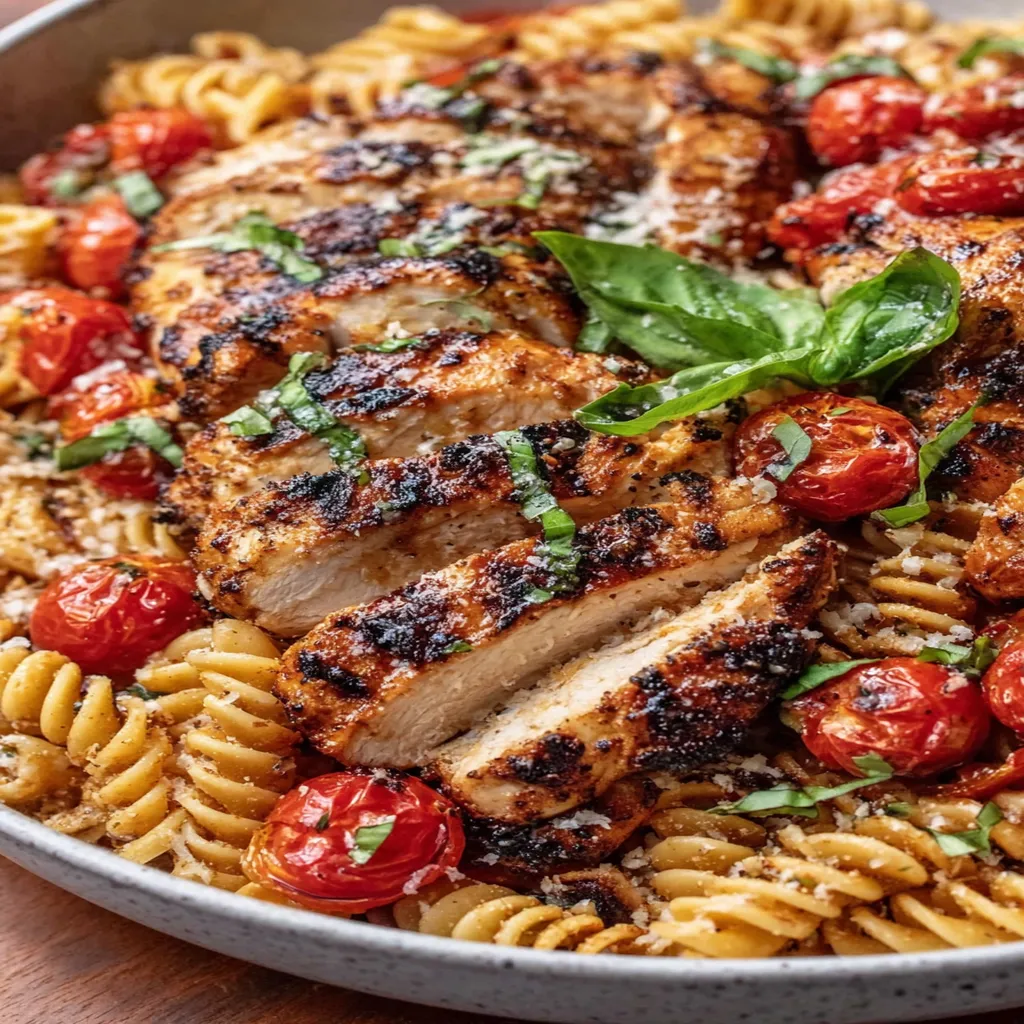 tomato basil pasta, balsamic grilled chicken, savory, flavorful, aromatic herbs