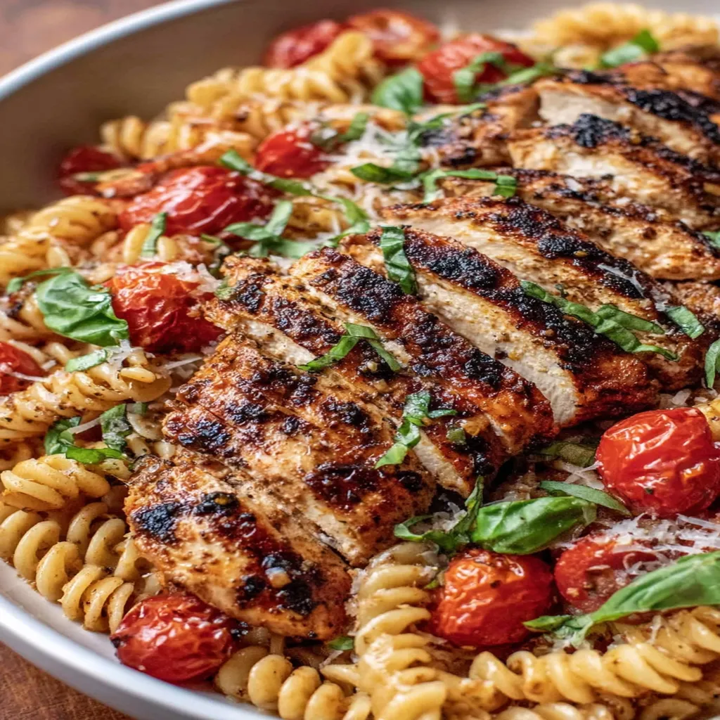 tomato basil pasta, balsamic grilled chicken, savory, flavorful, aromatic herbs