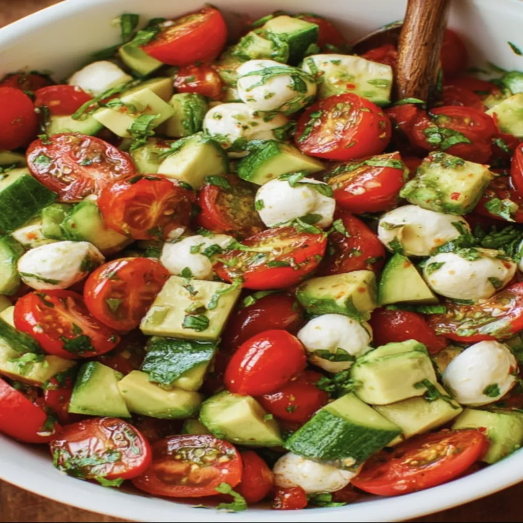 tomato cucumber mozzarella salad, fresh vegetables, colorful, refreshing, healthy, summer dish