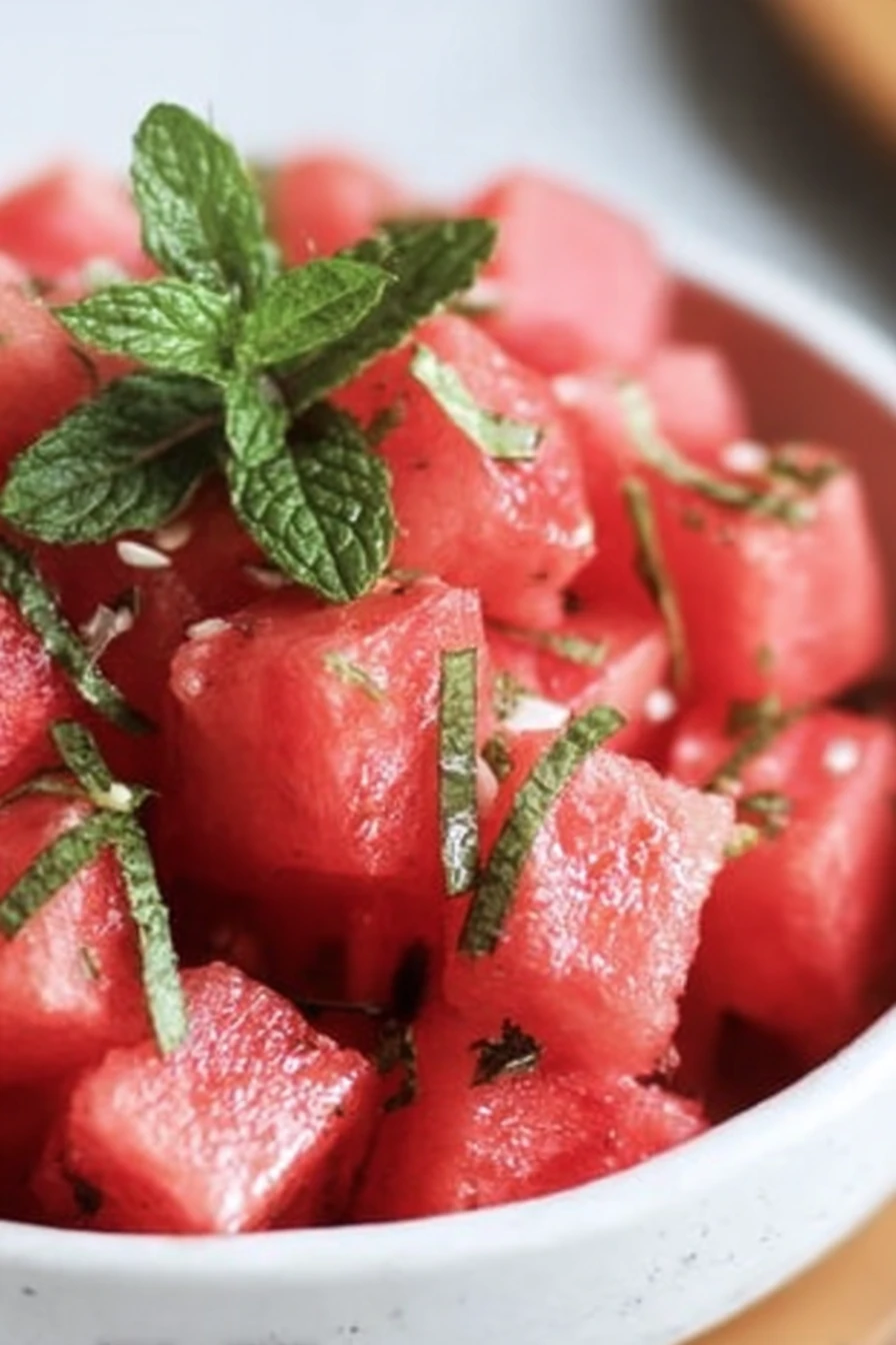 watermelon, mint, refreshing salad, juicy, vibrant colors, summer, fruity, cool and crisp