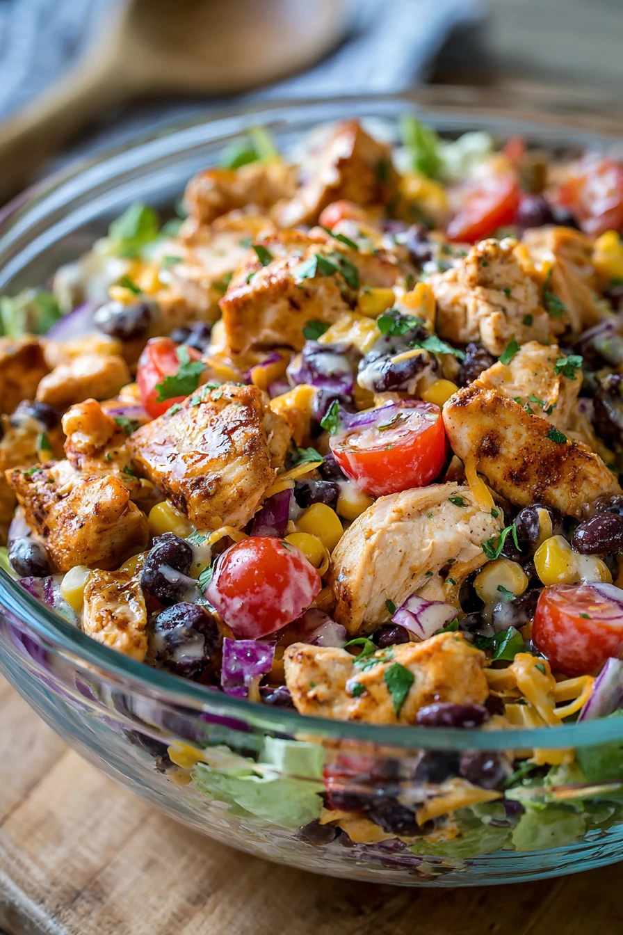 zesty southwest chicken salad, flavorful, colorful, fresh veggies, tangy dressing