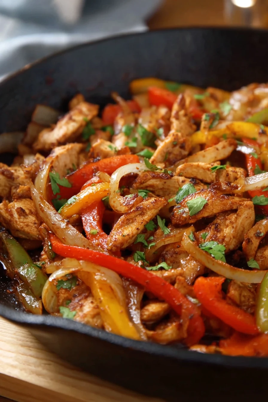 best chicken fajitas, sizzling skillet, flavorful spices, juicy peppers, tender chicken