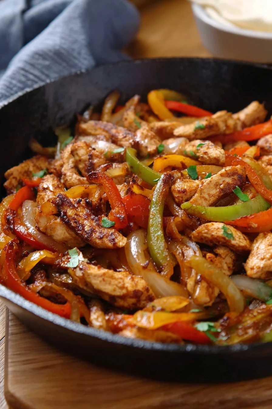 best chicken fajitas, sizzling skillet, flavorful spices, juicy peppers, tender chicken