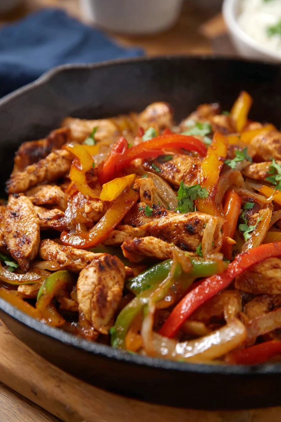 best chicken fajitas, sizzling skillet, flavorful spices, juicy peppers, tender chicken