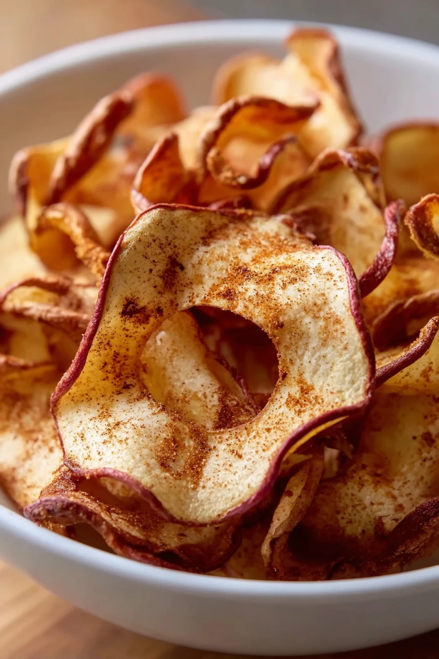 air fryer cinnamon apple chips, crispy, sweet, cinnamon-spiced, healthy snack, homemade, delicious flavor