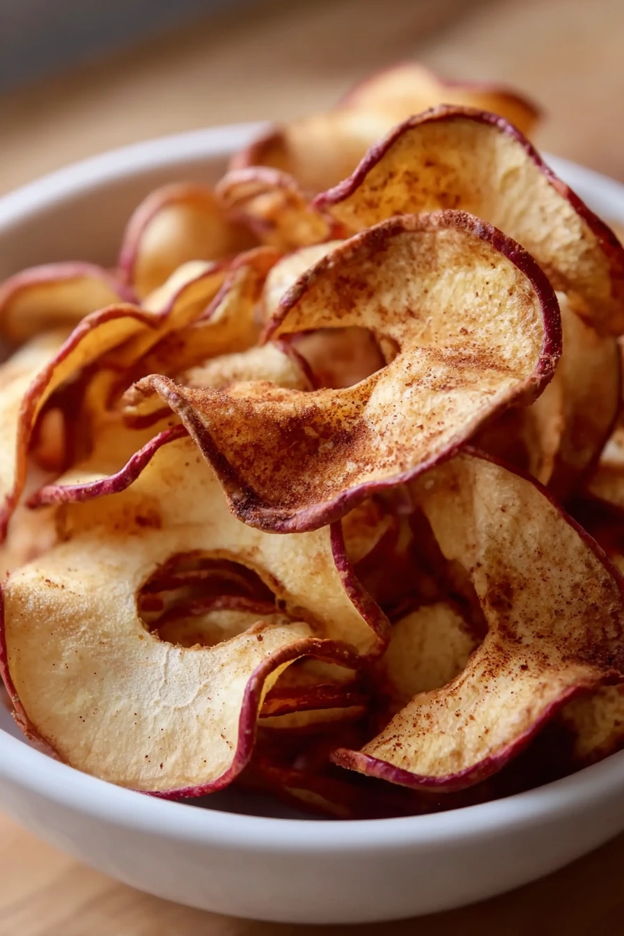 air fryer cinnamon apple chips, crispy, sweet, cinnamon-spiced, healthy snack, homemade, delicious flavor
