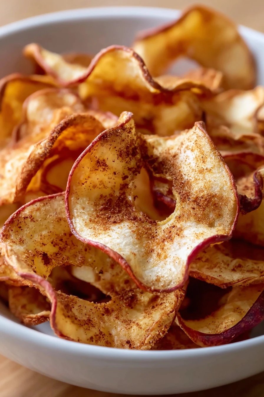 air fryer cinnamon apple chips, crispy, sweet, cinnamon-spiced, healthy snack, homemade, delicious flavor
