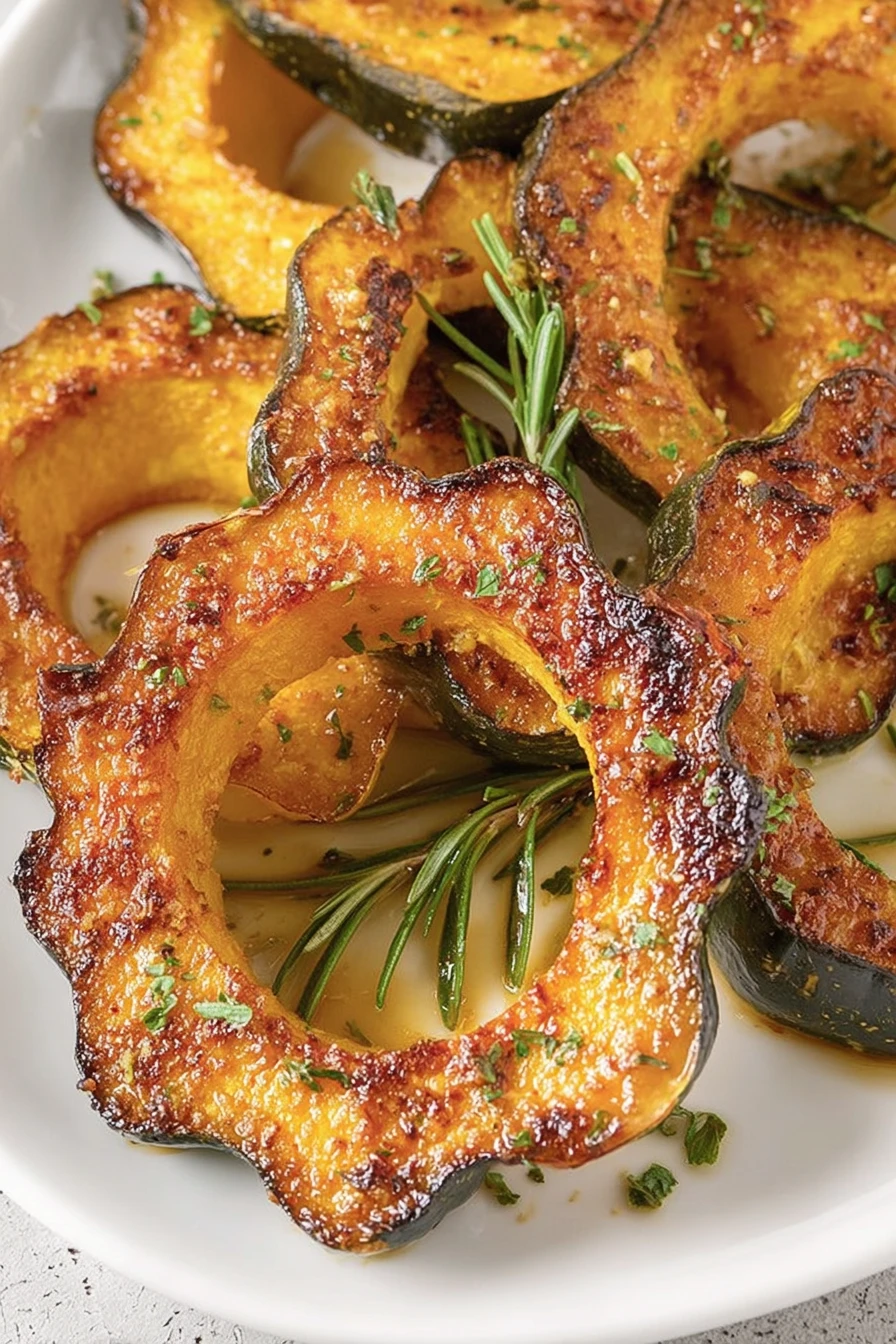 baked acorn squash, golden brown, savory herbs, caramelized edges, autumn flavors