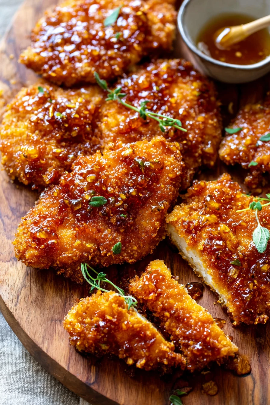 baked chicken, crunchy texture, hot honey glaze, savory, golden brown, mouthwatering, crispy coating