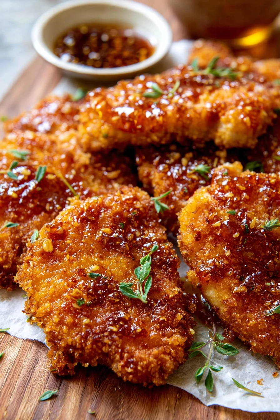 baked chicken, crunchy texture, hot honey glaze, savory, golden brown, mouthwatering, crispy coating
