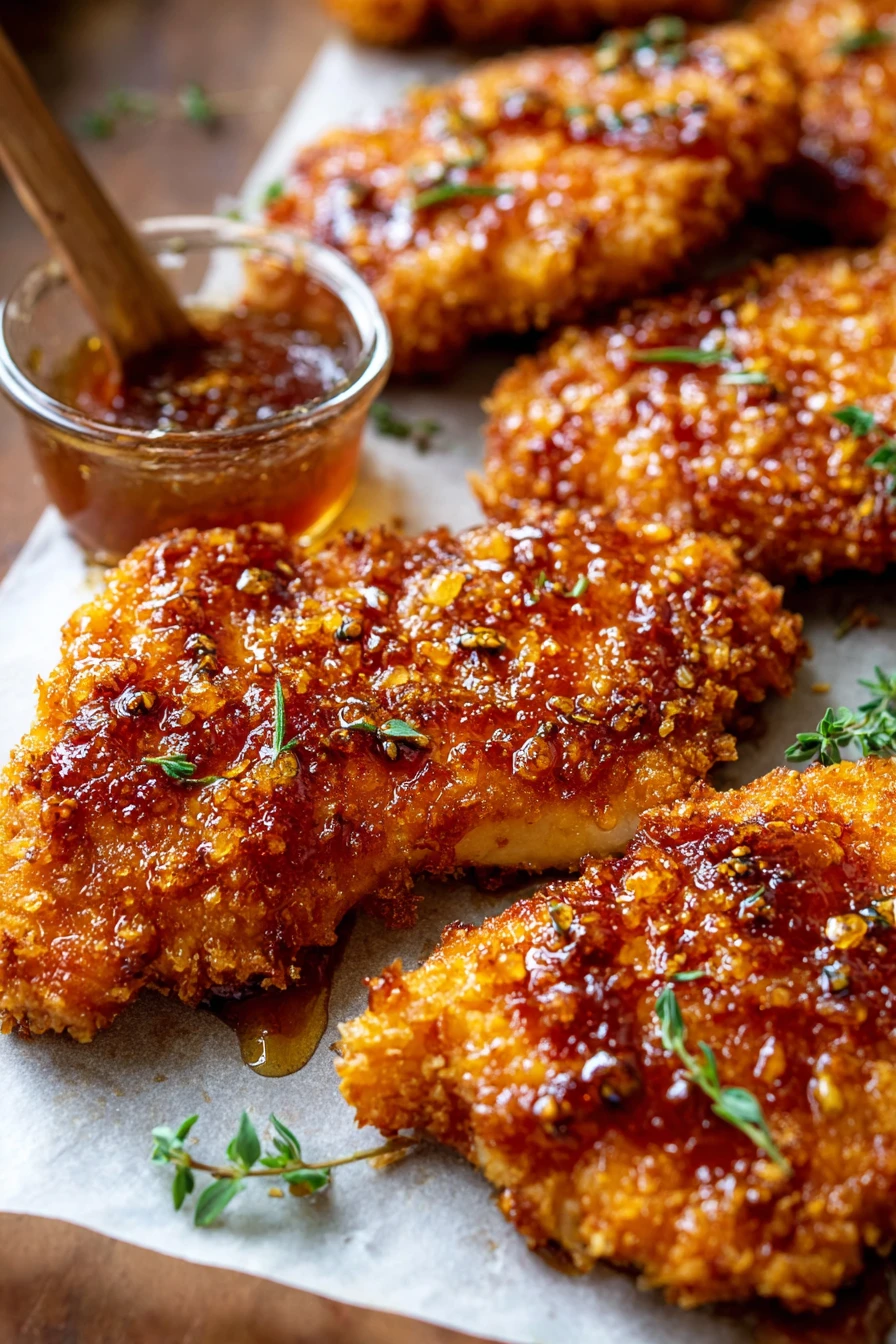 baked chicken, crunchy texture, hot honey glaze, savory, golden brown, mouthwatering, crispy coating