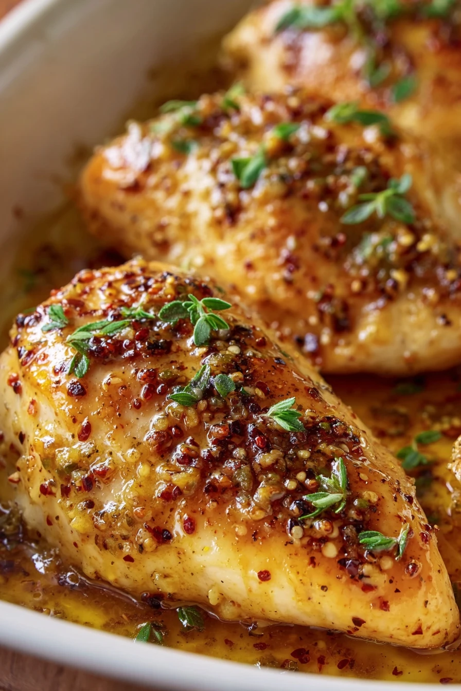 Baked, honey mustard, chicken breasts, succulent, flavorful, golden brown, juicy.
