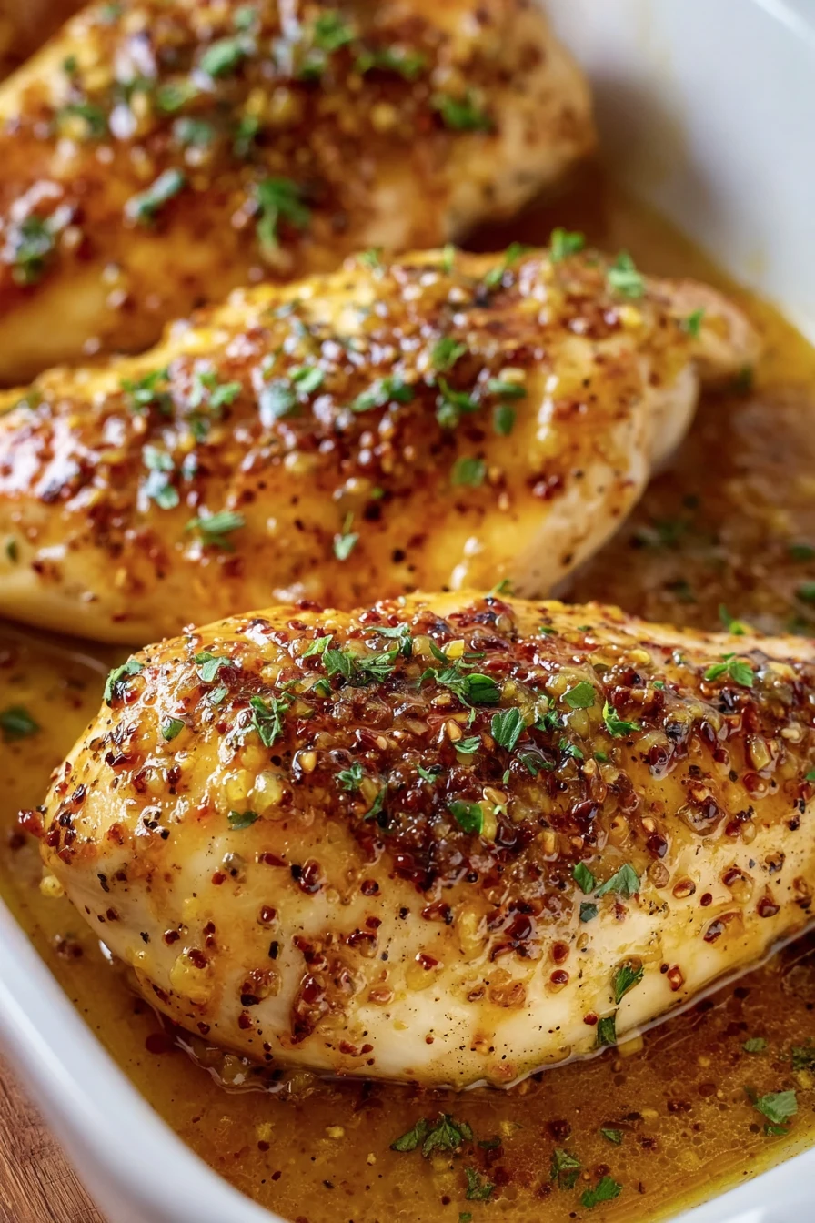 Baked, honey mustard, chicken breasts, succulent, flavorful, golden brown, juicy.