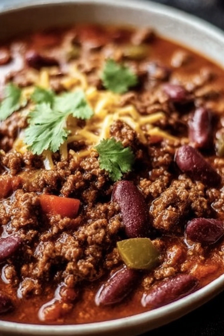 ground beef, stovetop chili, savory, hearty, spicy, comforting