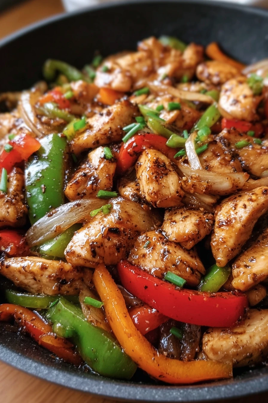 black pepper chicken stir-fry, savory, spicy, sizzling, flavorful, aromatic vegetables
