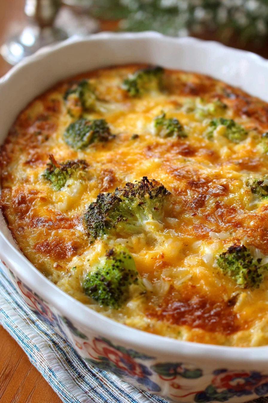 Broccoli casserole, rice, Velveeta cheese, creamy, savory, delicious