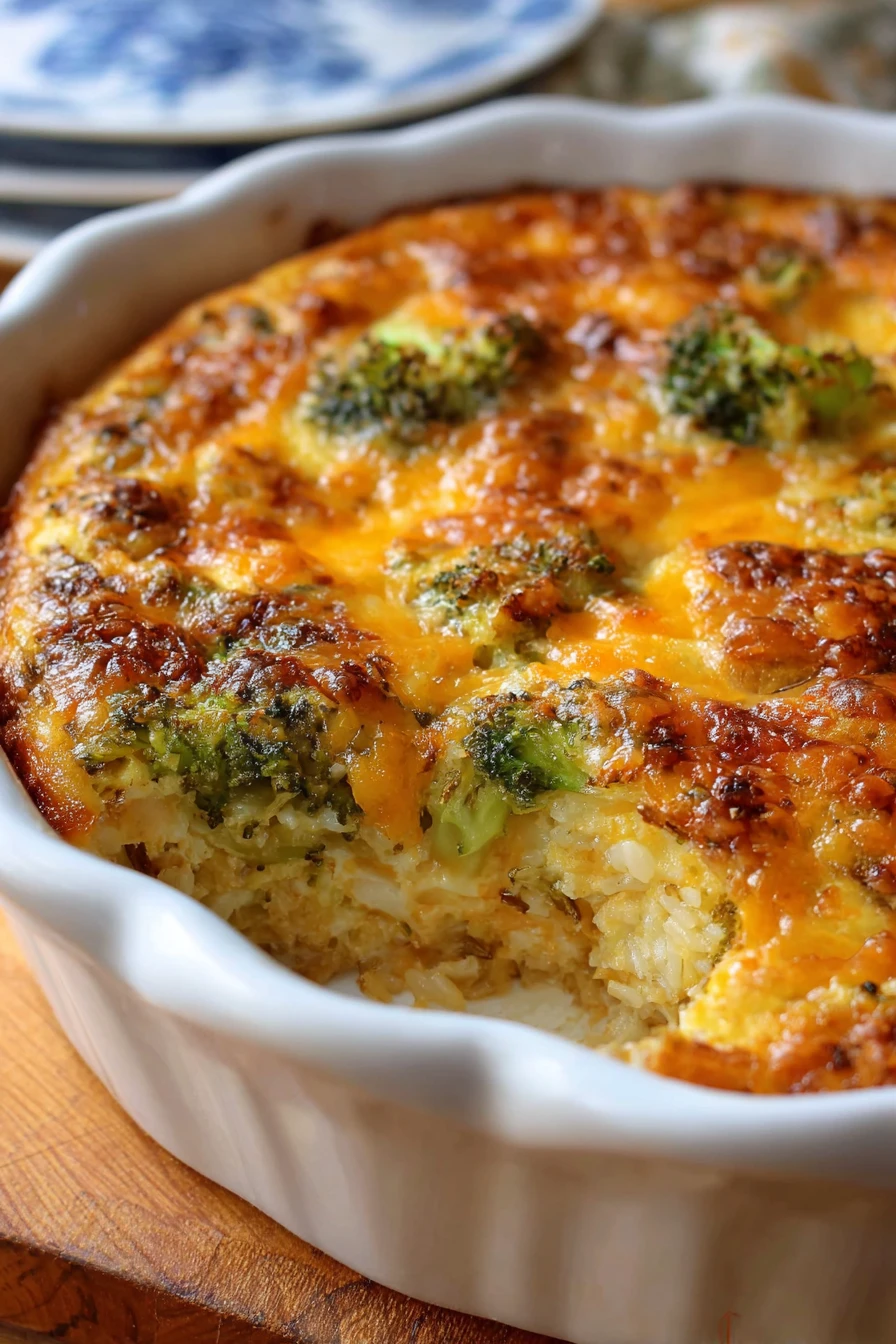 Broccoli casserole, rice, Velveeta cheese, creamy, savory, delicious
